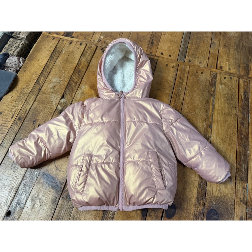 Girls 12 18 Months Pink Metallic Puffer Jacket Hooded Fleece Lined Coquette Glam